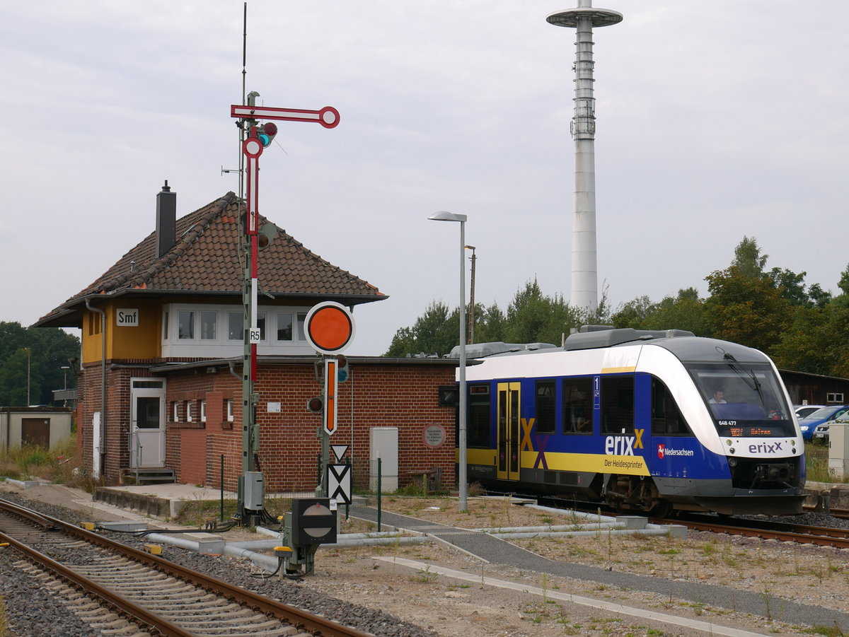 LINT 41 erixx 648 477 Der Heidesprinter als erx83009 Bremen - Uelzen bei Einfahrt auf Gleis 2 in Soltau; 30.08.2017
