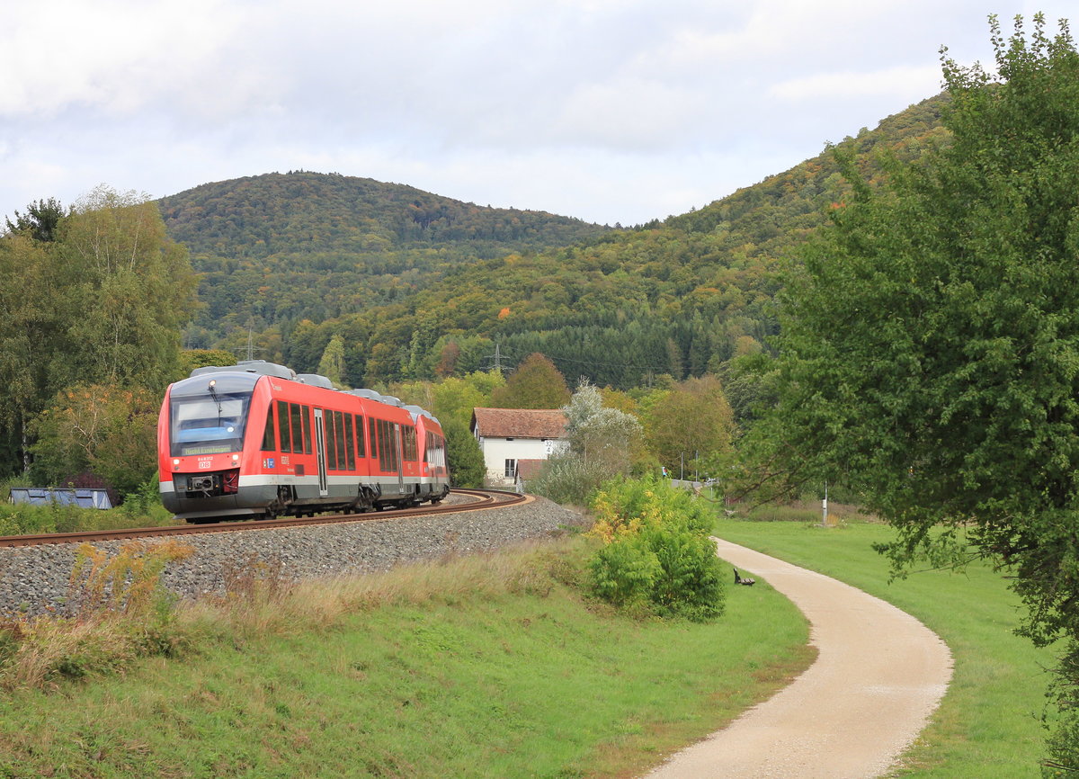LINT Doppeltraktion von 648 312 angeführt als Leerfahrt in Richtung Nürnberg am 10.10.2019 in Hohenstadt (Mittelfranken). 