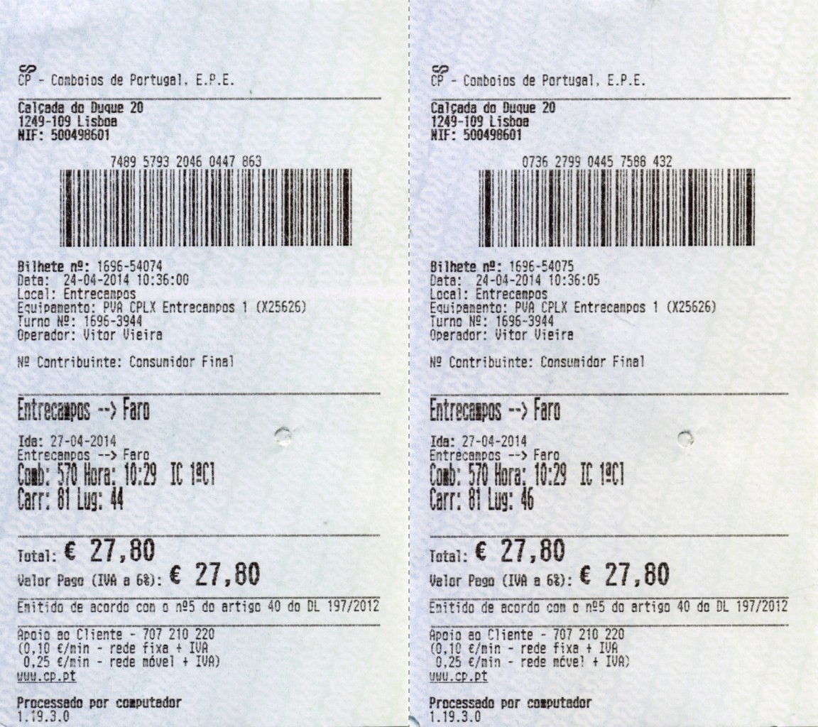 LISBOA (Distrikt Lisboa), 27.04.2014, zwei Fahrkarten für den IC 570 nach Faro -- Fahrkarten eingescannt