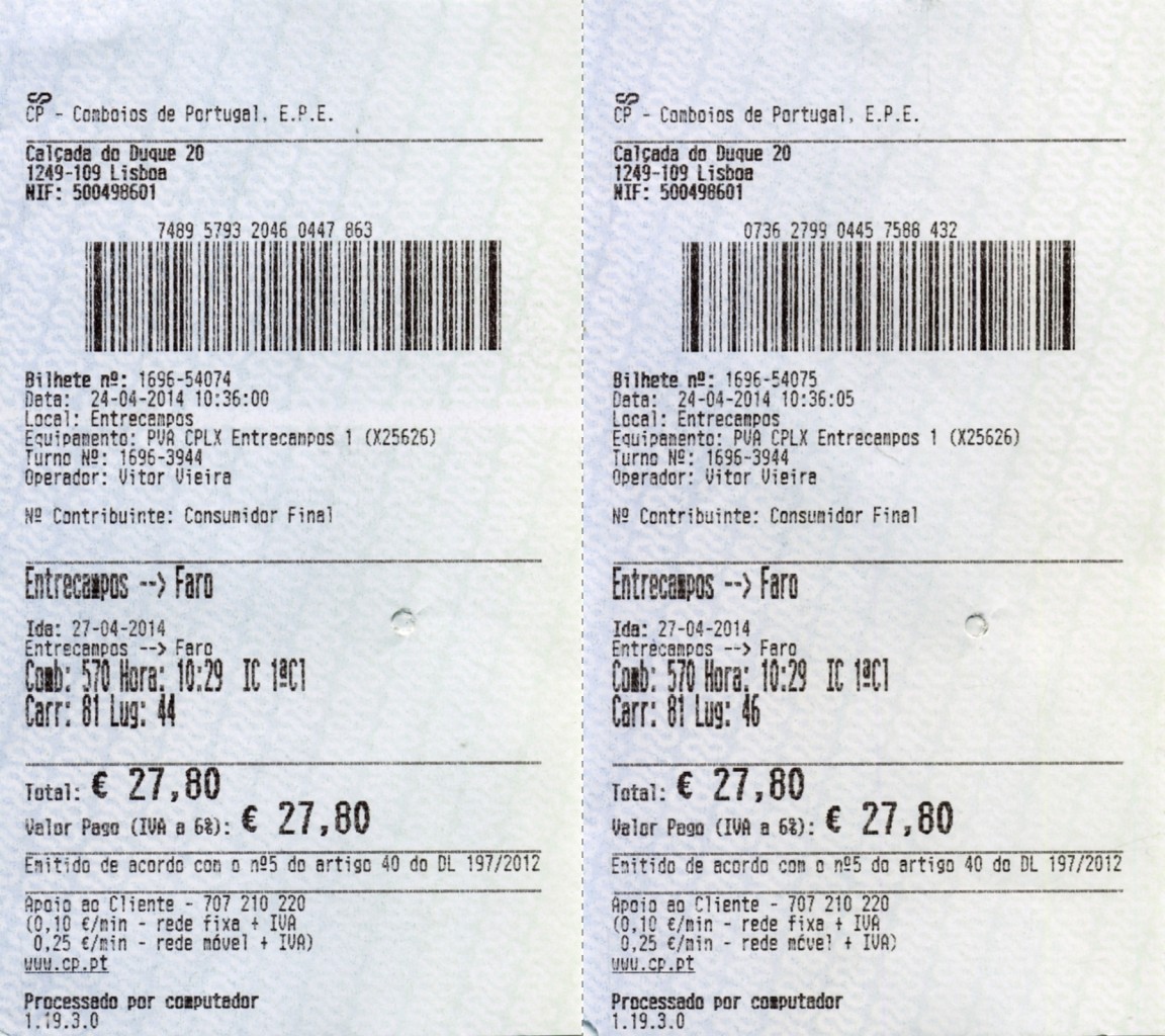 LISBOA (Distrikt Lisboa/Concelho Lisboa), 27.04.2014, zwei Fahrkarten für den IC 570 nach Faro -- Fahrkarten eingescannt