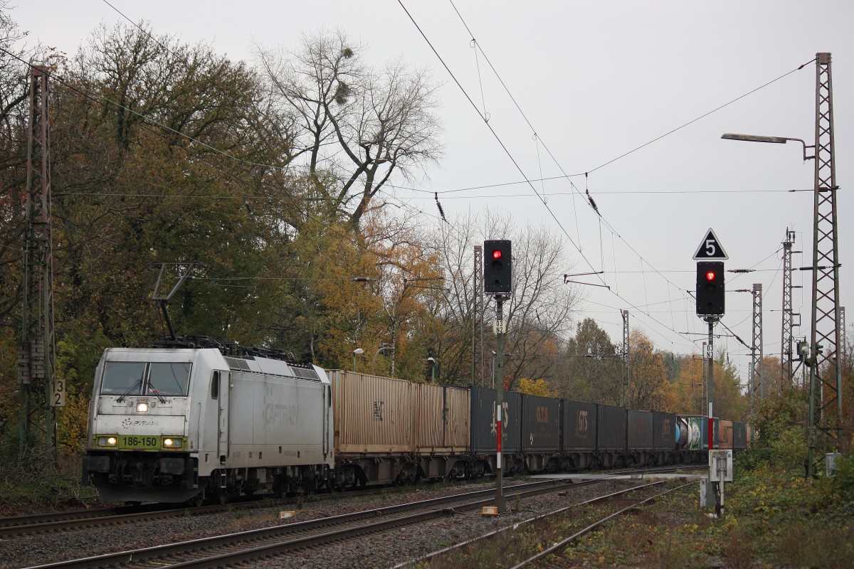 Locon 186 150 am 21.11.13 mit einem Containerzug in Ratingen-Lintorf.