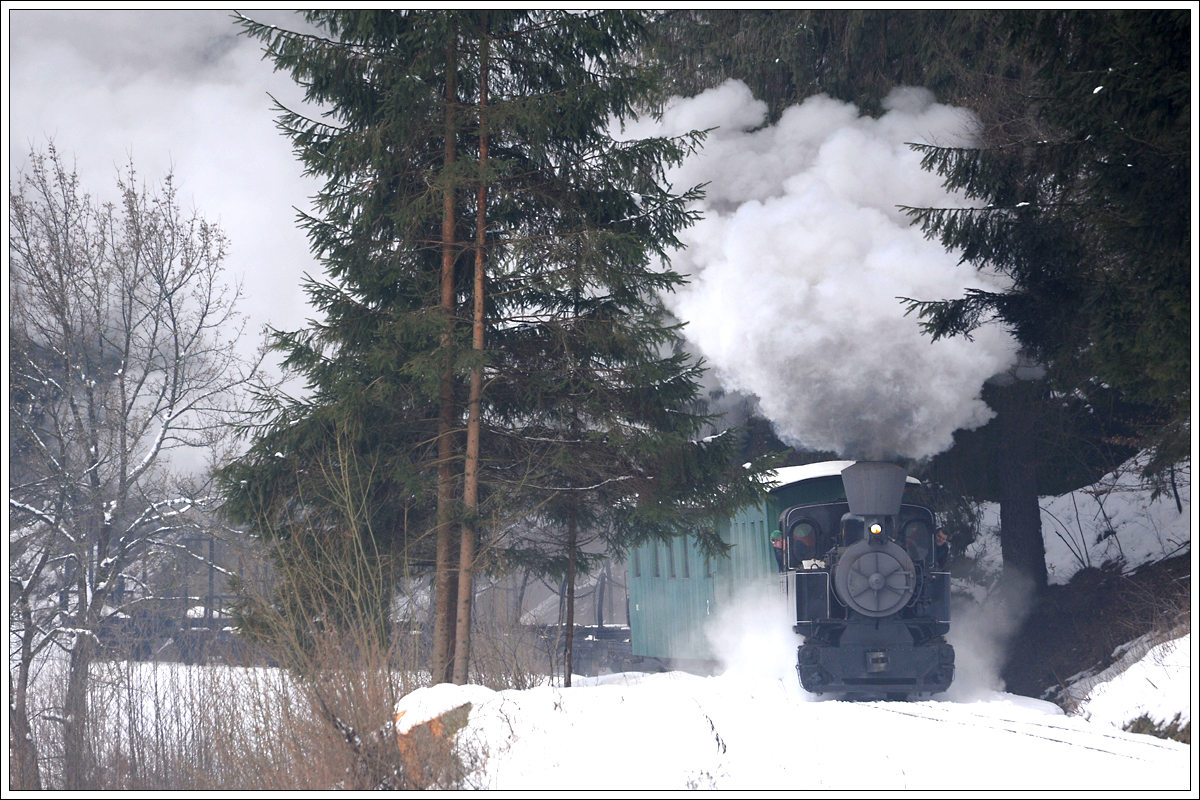 Lok 1 der Museumsbahn Čierny Balog am 28.1.2018 zwischen Šánské und Čierny Balog.