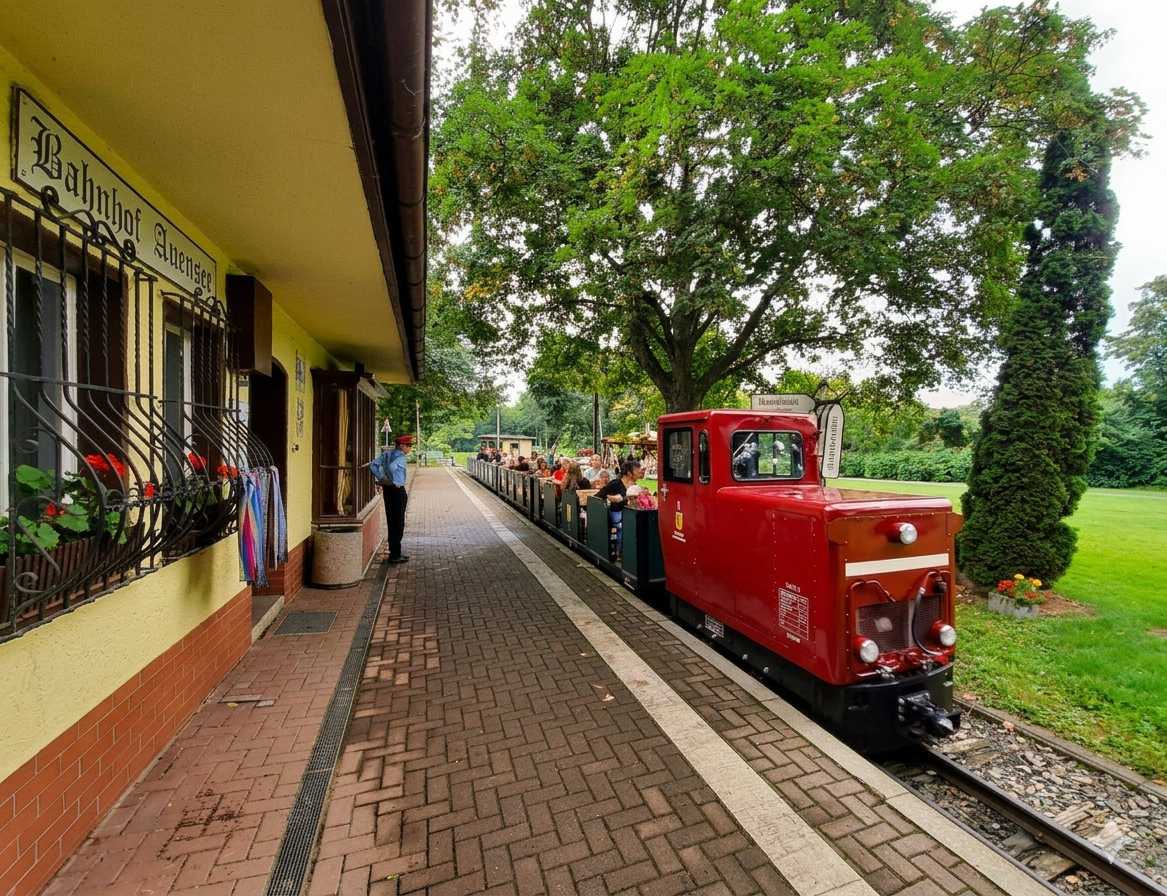 Lok 1 der Parkeisenbahn Leipzig am 05.08.2021 mit einem Zug im Bahnhof Auensee.