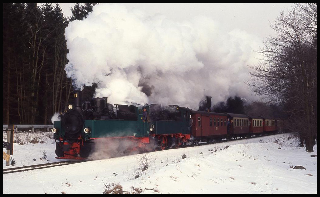 Lok 11 und 13 sind hier am 19.2.1994 mit einem langen Personenzug aus Wernigerode kurz vor dem Bahnhof Drei Annen Hohne zu sehen.