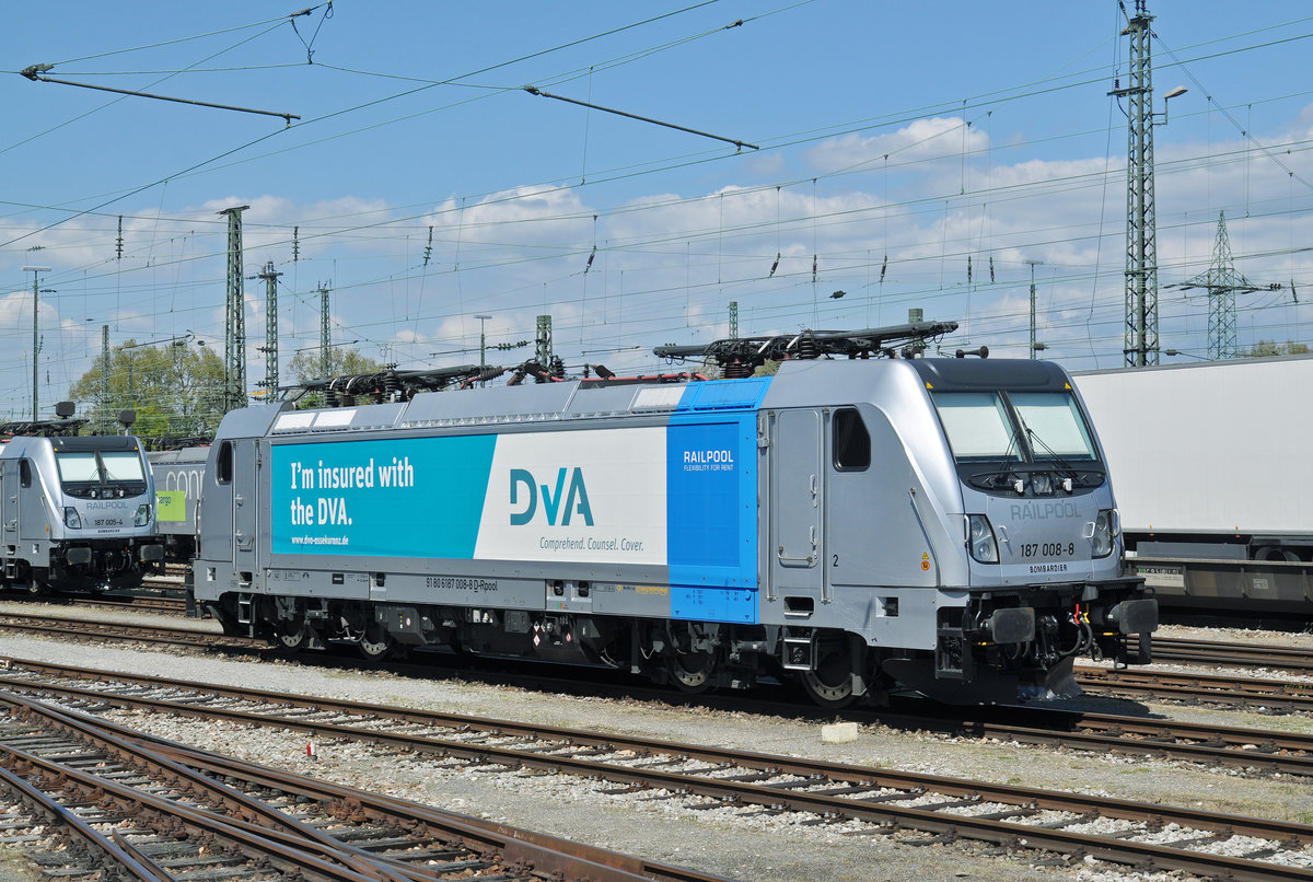 Lok 187 008-8 wartet am Badischen Bahnhof auf den nächsten Einsatz. Die Aufnahme stammt vom 29.04.2017.