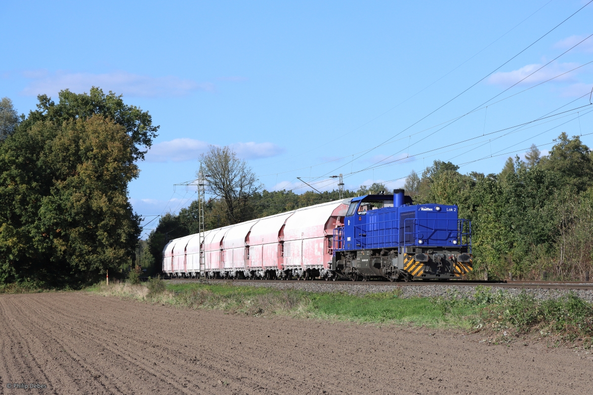 Lok 2 von Railflex mit einem Kalkzug in Ratingen Lintorf, 11. Oktober 2022