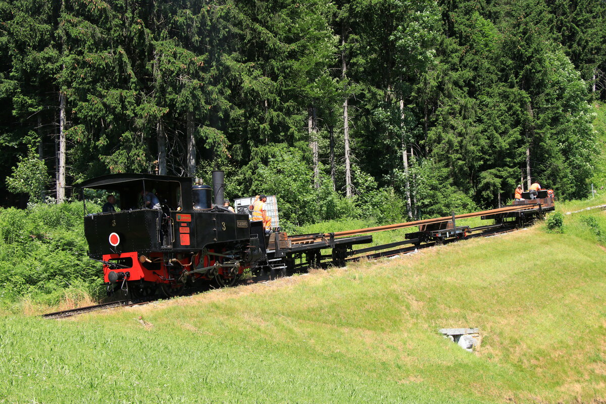 Lok 3 der Achenseebahn bei Fischl mit einem Schienentransportzug für den Neubau der Flachstrecke am 24.06.2021