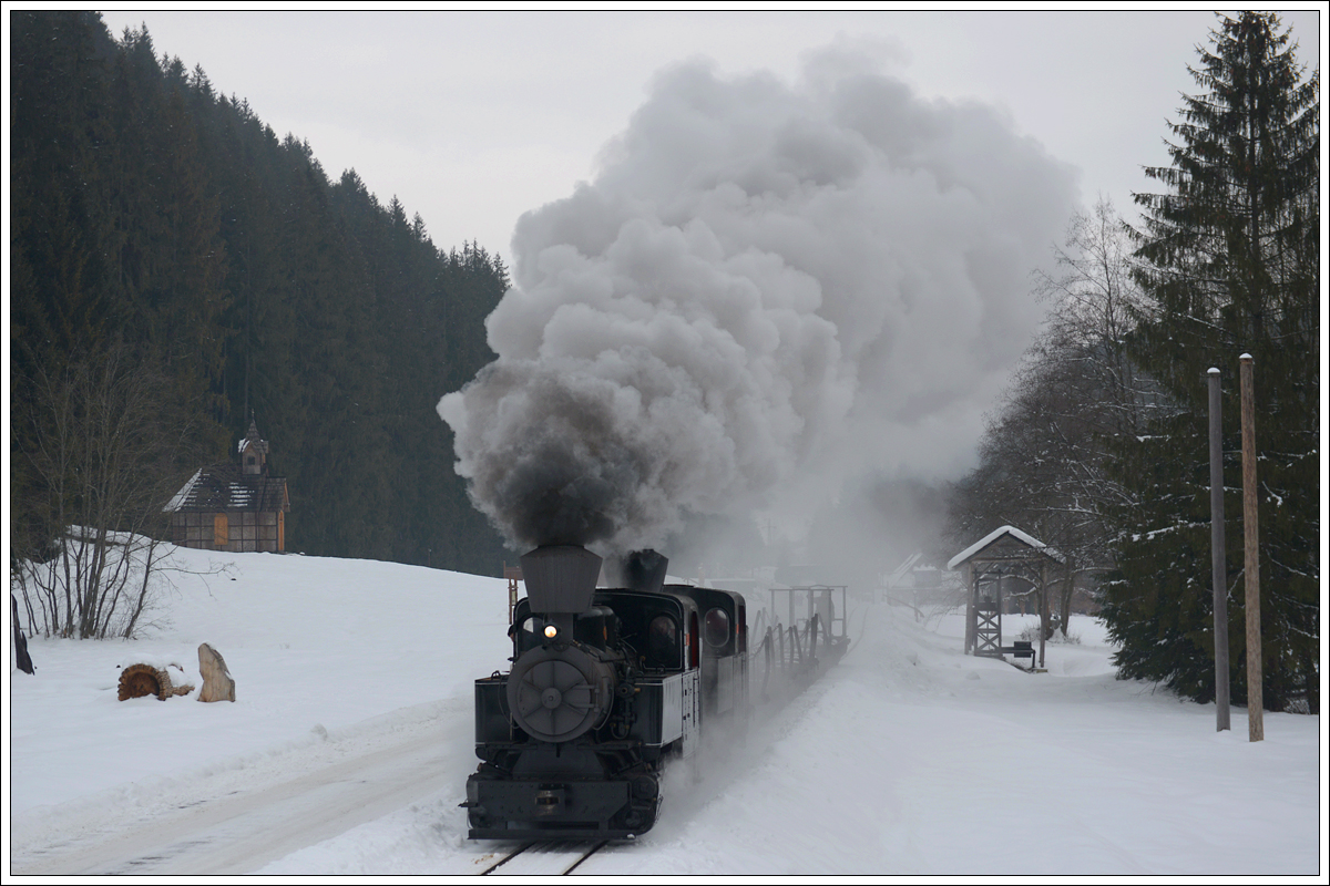 Lok Nr. 1 und Lok Nr. 5 (kalt) der Museumsbahn Čierny Balog am 27.1.2018 zwischen Čierny Balog und Vydrovo.