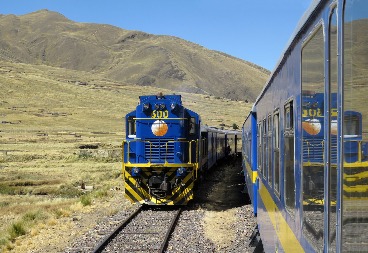 Lok Nr. 600 wartet mit dem Anden Explorer von Puno nach Cusco in der peruanischen Pr�rie auf �ber 4000 m�M unsere Vorbeifahrt ab. Cusco - Puno, 18.7.2015
