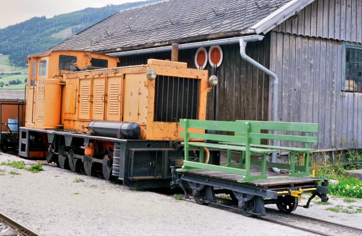 Lok VL 01 des Nostalgiebahnvereins pro Murtalbahn in Mauterndorf, 03.08.1984