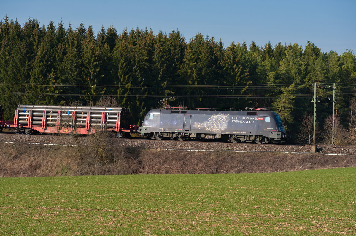 Lokportrait von 1116 126  Licht ins Dunkel  mit einem gemischten Güterzug bei Krappenhofen Richtung Regensburg, 23.03.2019
