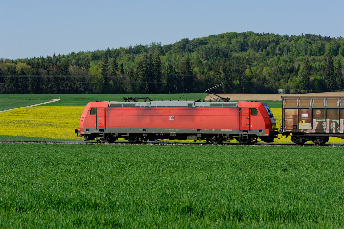 Lokportrait von 185 394 mit einem gemischten Güterzug bei Seubersdorf Richtung Nürnberg, 23.04.2020