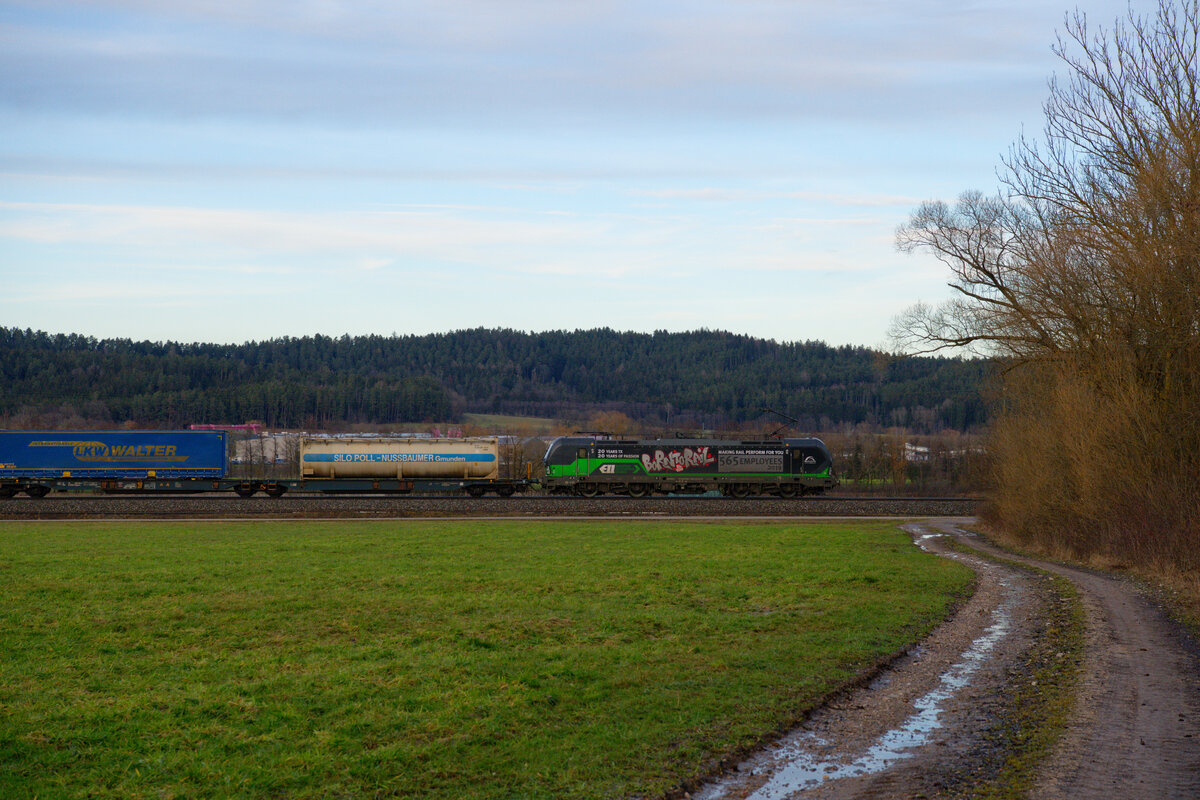 Lokportrait von 193 254 ELL/TXL  Born To Rail  mit einem LKW-Walter KLV-Zug bei Pölling Richtung Regensburg, 04.02.2021
