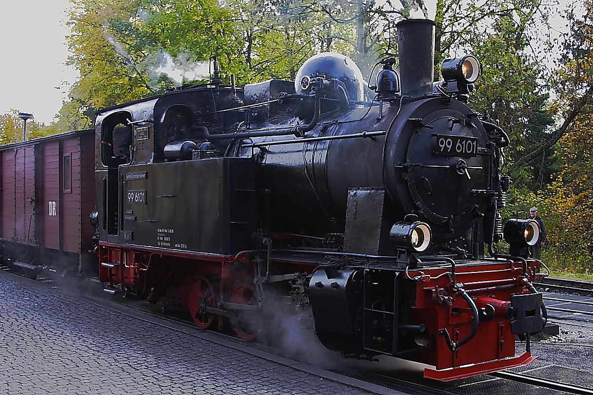 Lokportrait von 99 6101, hier vor einem Sonderzug der IG HSB nach  Eisfelder Talmühle , aufgenommen am 19.10.2013 im Bahnhof Drei Annen Hohne.