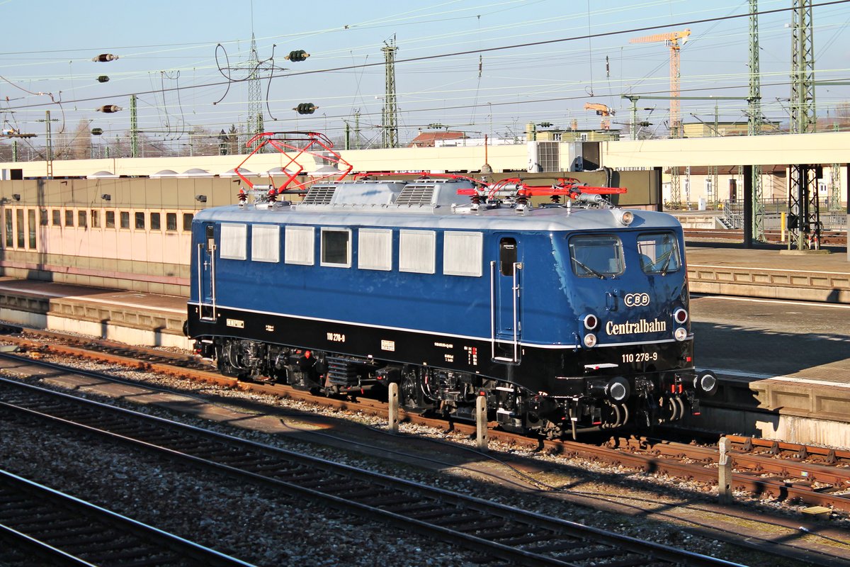 Lokportrait von CBB 110 278-9 (115 278-4), als diese am 14.02.2018 im Badischen Bahnhof von Basel von ihrem DLr (Dortmund Bbf - Chiasso) abgesetzt hatte, da ab dort die SBBC/RADVE Re 620 027-3 übernommen hatte.