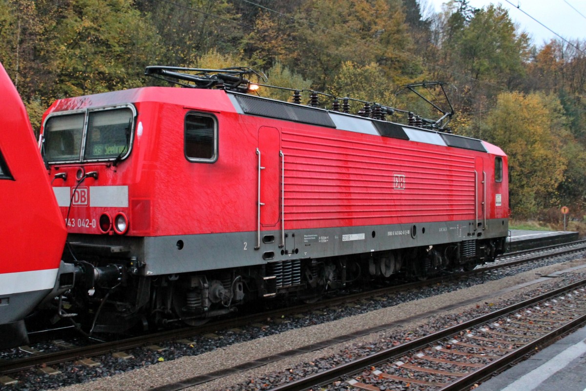 Lokportrait von der Freiburger 143 042-0, die am 10.11.2013 mit 143 050-3 als Sandwich nach Seebrugg fuhr und hier in Freiburg-Wiehre einen Zwischenhalt einlegen.