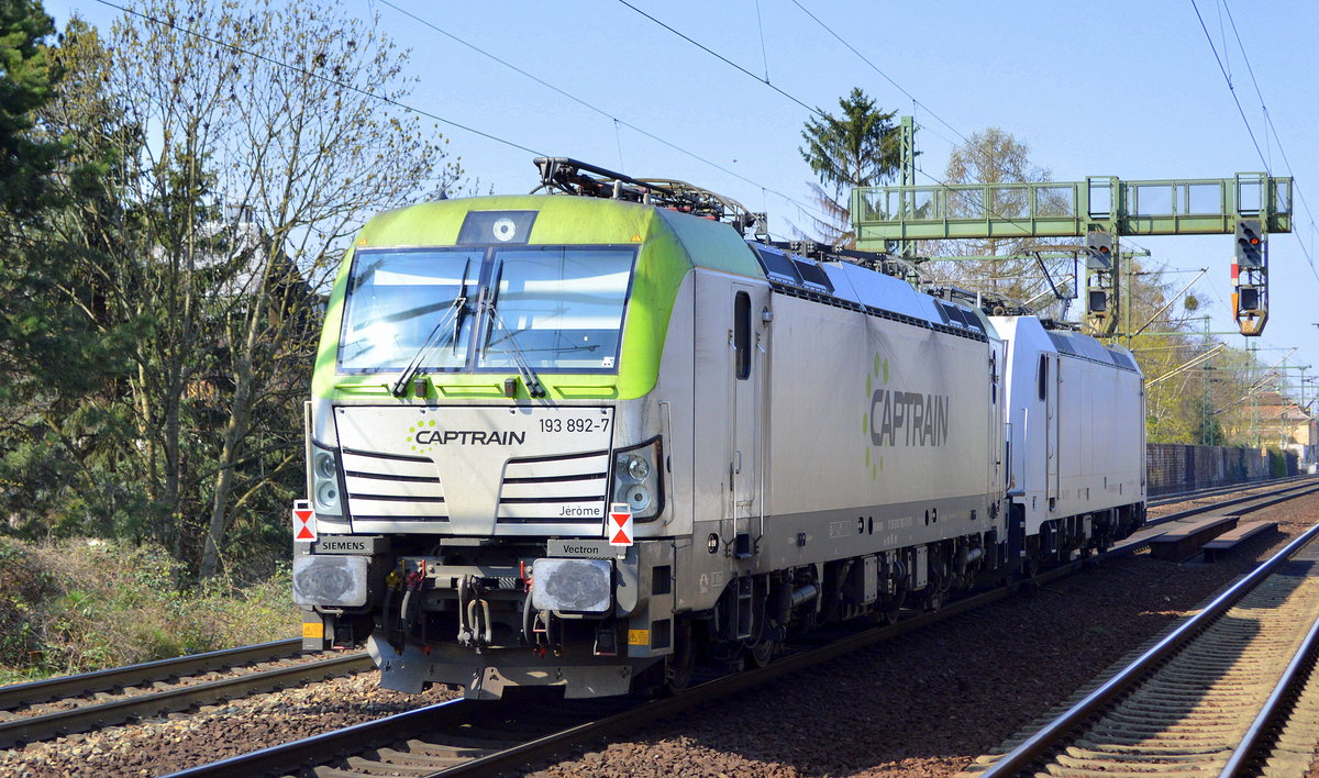 Lokzug von ITL - Eisenbahngesellschaft mbH mit   193 892-7  [Name: Jérôme] (NVR-Nummer: 91 80 6193 892-7 D-ITL) am Haken von  E 186 136  [NVR-Number: 91 80 6186 136-8 D-ITL] am 02.04.19 Dresden-Strehlen.