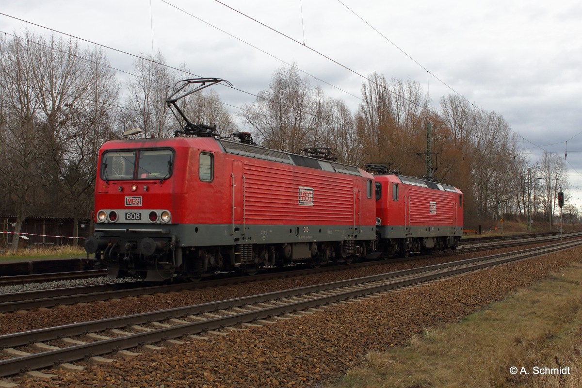 Lokzug mit MEG 606 und MEG xxx bei Leipzig - Thekla, gesehen am 31.01.2016