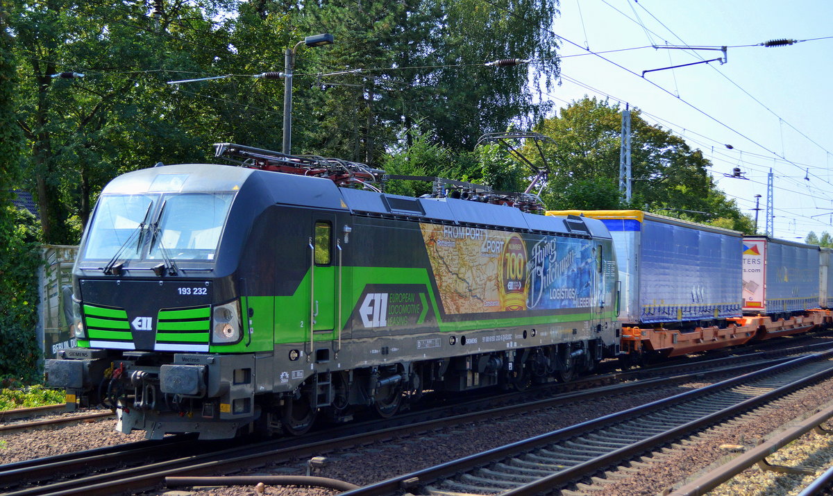 LTE Logistik- and Transport- GmbH mit der ELL Vectron   193 232  [NVR-Number: 91 80 6193 232-6 D-ELOC] und KLV ZUg Richtung POlen am 29.08.18 Berlin-Hirschgarten.