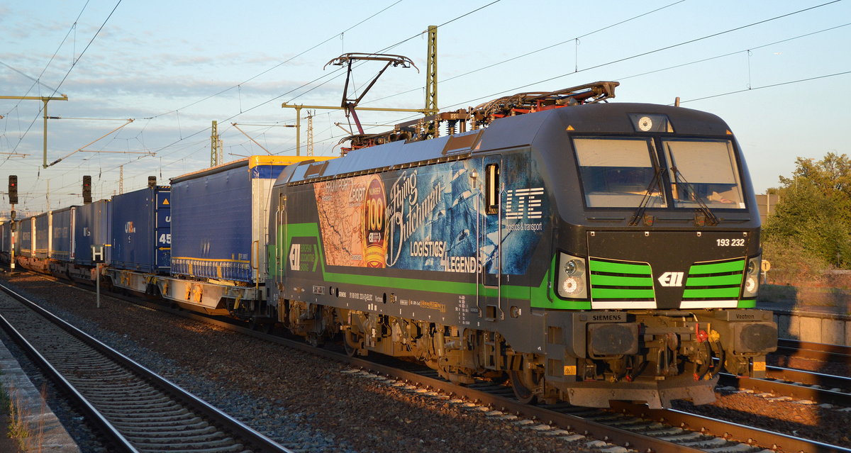 LTE Logistik- and Transport- GmbH mit der ELL Vectron   193 232  [NVR-Number: 91 80 6193 232-6 D-ELOC] mit KLV-Zug Richtung Rotterdam am 27.09.18 Bf. Flughafen Berlin-Schönefeld.