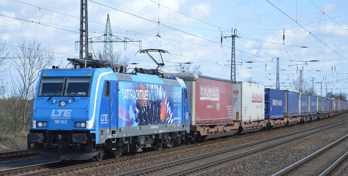 LTE Logistik- und Transport GmbH, Graz [A] mit   186 943  [NVR-Nummer: 91 80 6186 943-7 D-LTE] und Taschenwagenzug Richtung Rotterdam am 11.03.20 Bf. Saarmund.