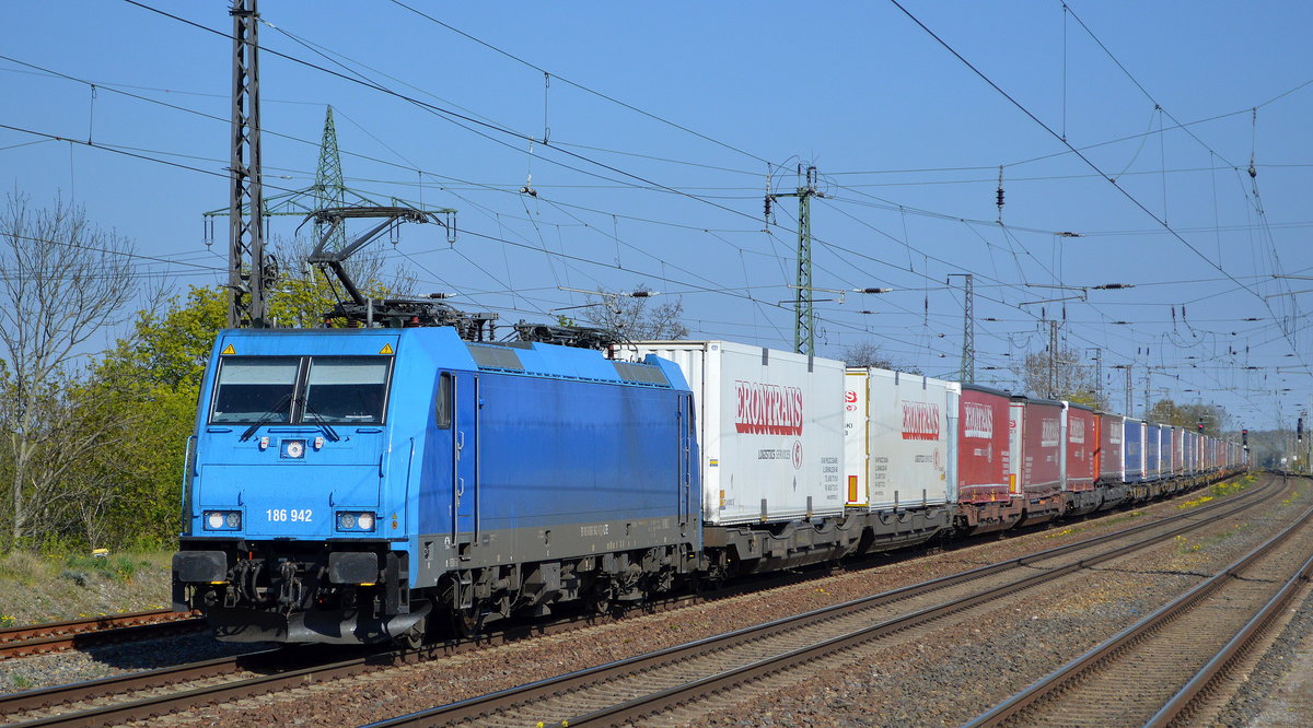 LTE Logistik- und Transport GmbH, Graz [A]  mit  186 942  [NVR-Nummer: 91 80 6186 942-9 D-LTE] und Taschenwagenzug aus Poznan Richtung Rotterdam am 21.04.20 Bf. Saarmund.
