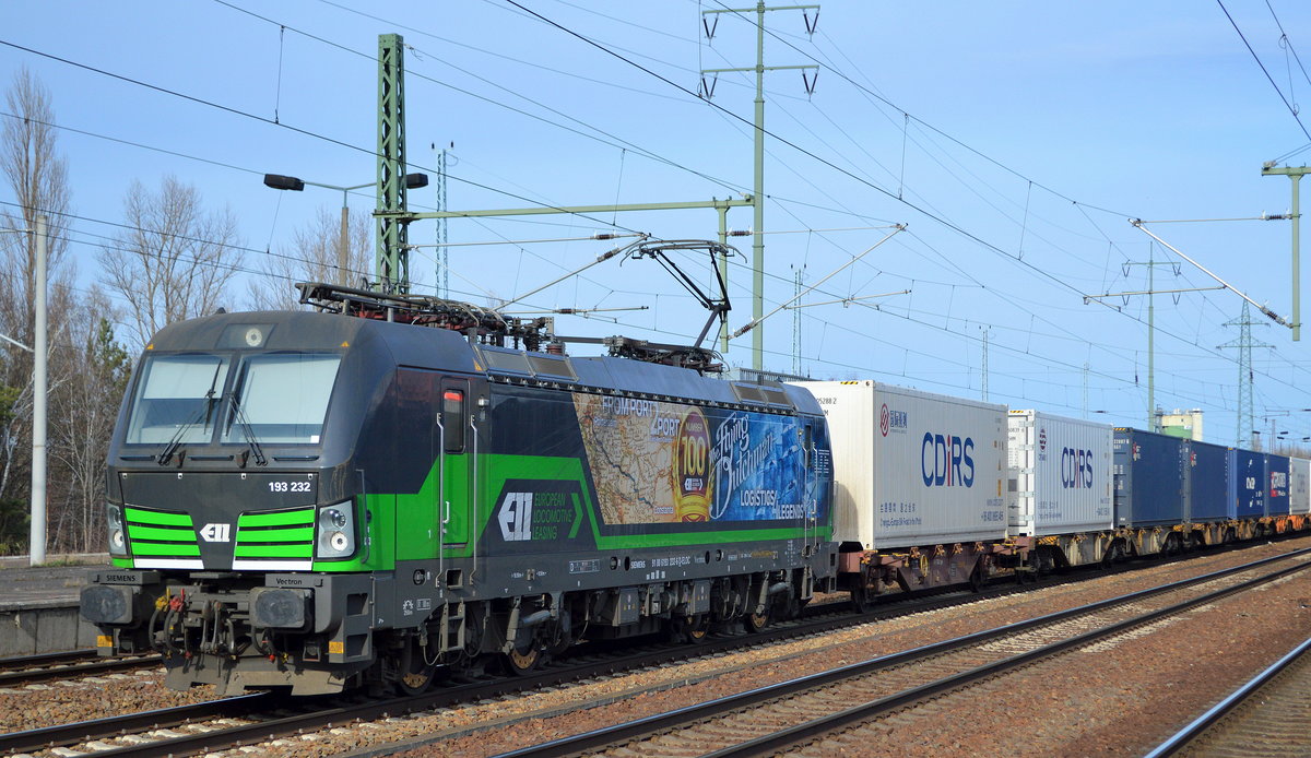 LTE Logistik und Transport-GmbH mit der ELL Vectron  193 232  [NVR-Number: 91 80 6193 232-6 D-ELOC] mit Containerzug (China Silk Road) Richtung Niederlande am 06.03.19 Bf. Flughafen Berlin-Schönefeld.