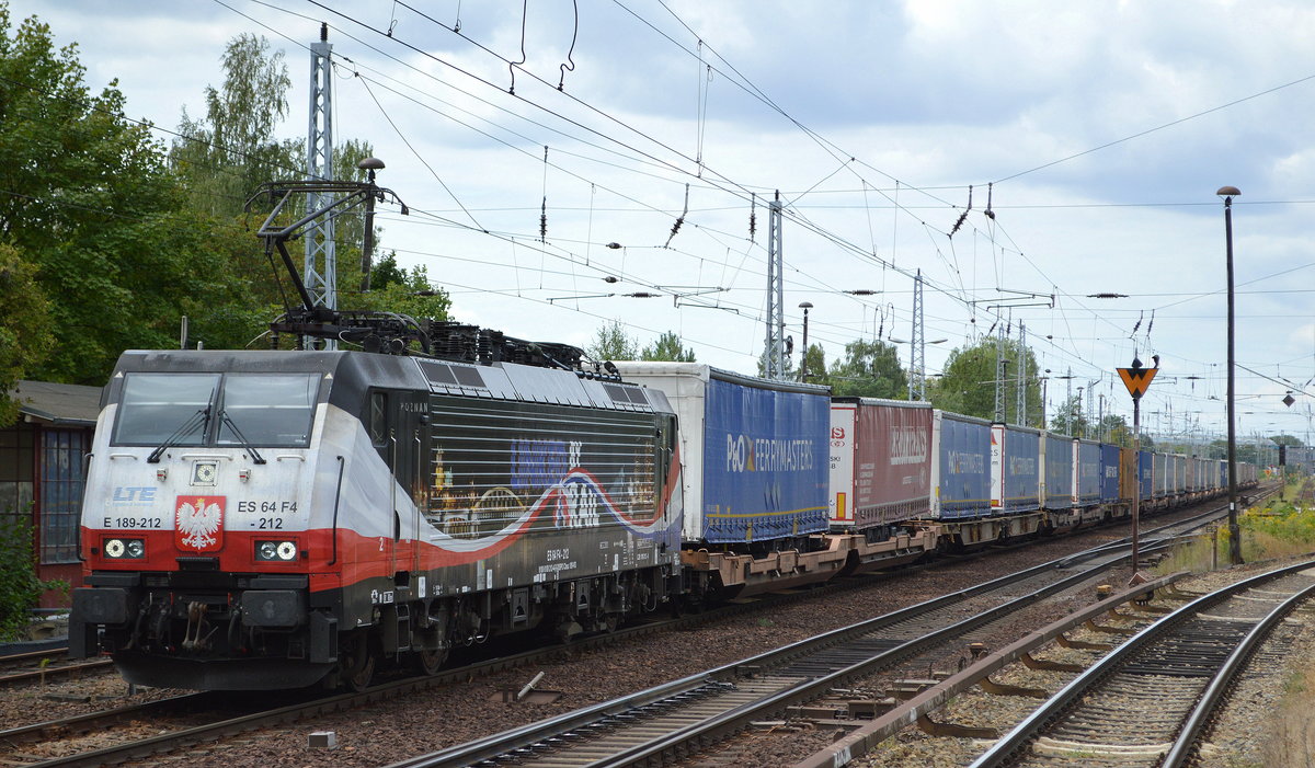 LTE Netherlands B.V. mit der MRCE Dispo  ES 64 F4-212 [NVR-Number: 91 80 6189 212-4 D-DISPO] und KLV-Zug aus Rotterdam Richtung Polen am 15.08.18 Berlin-Hirschgarten. 