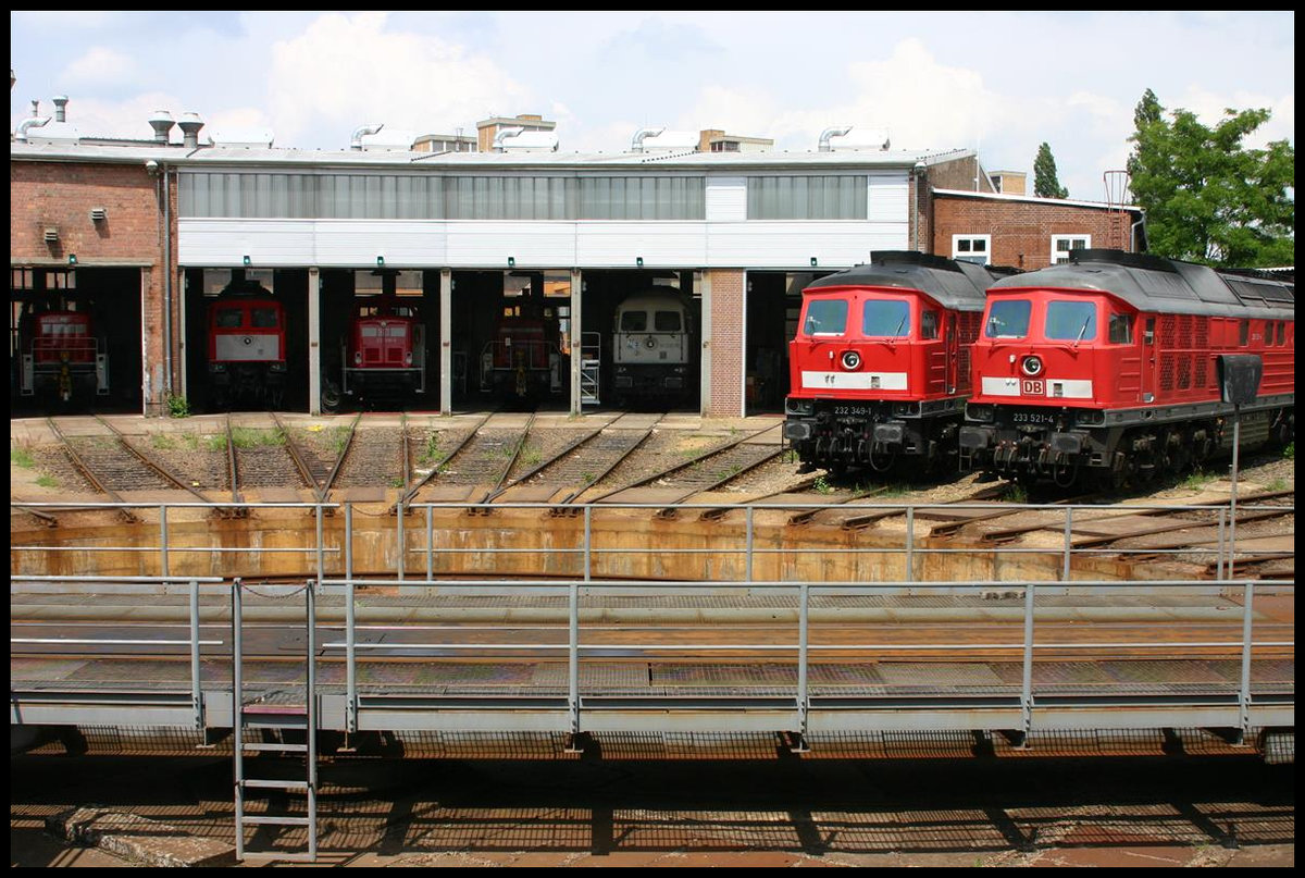 Ludmillas in verschiedensten Varianten standen am 1.6.2007 rund um die Drehscheibe im AW Cottbus. Rechts steht 233521-4 der DB neben der DB 232349-1. Im Schuppen sind weitere Ludmillas zu erkennen, darunter befindet sich auch eine ITL Lokomotive.
