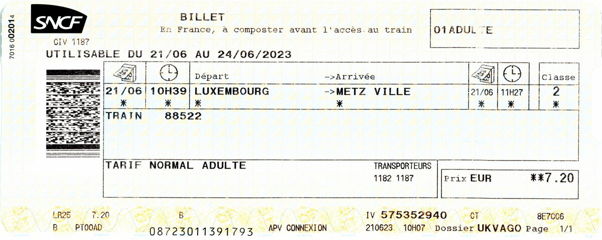 LUXEMBOURG, 21.06.2023, Fahrkarte für eine Fahrt nach Metz (Frankreich) und zurück nach Luxembourg; gekauft am SNCF-Automaten im Bahnhof Luxembourg, da ein Fahrpreis nur für den französischen Teil der Strecke anfällt (Fahrkarte eingescannt)
