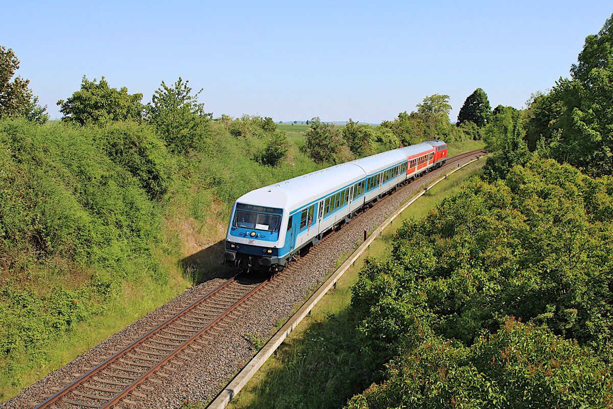 LWC 218 451-3 schiebt ihren RE21-Ersatzzug nach Goslar für die Weser-Ems-Eisenbahn und befindet sich hier gerade bei Reddeber kurz vor Wernigerode. (03.06.2022)