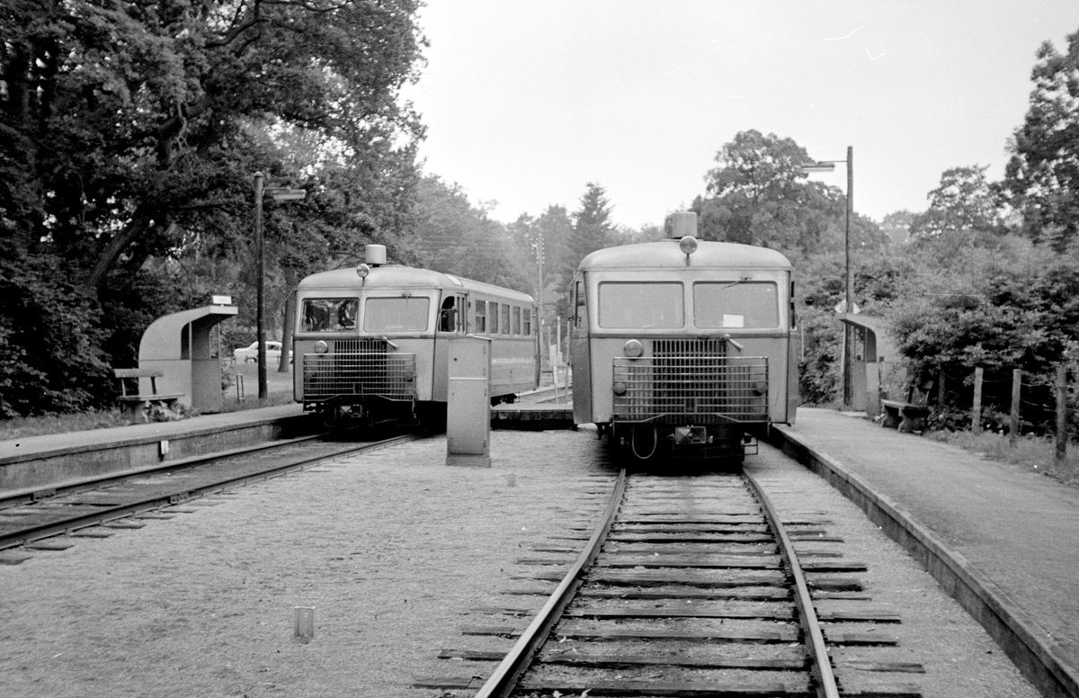 Lyngby-Nærum-Jernbane (LNJ / Nærumbanen): Im Haltepunkt Fuglevad treffen sich eines Tages im Juni 1968 zwei Triebwagen (Sm, Scandia 1952). - Der Zug links fährt in Richtung Nærum (und des Fotografen), der Zug rechts fährt in Richtung Jægersborg.