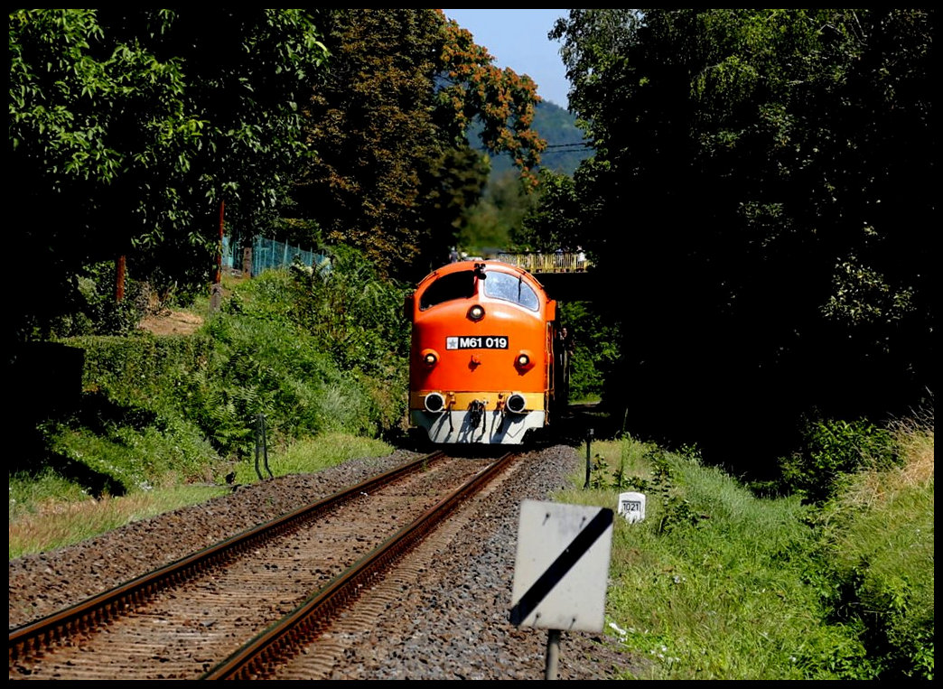 M 61 019 hat hier gerade am 16.7.2022 um 11.20 Uhr den Bahnhof Badacsonytomaj verlassen und ist mit einem IR nach Tapolca in Höhe des Strandbades unterwegs.