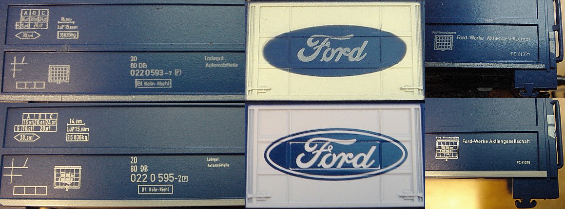 Märklin Bausätze 4937 (1964-1972) - oben - und 48159 (2009) - unten. Gedeckter Güterwagen Ford, Vergleich Gehäusebeschriftungen - Aufnahme 21.12.2013