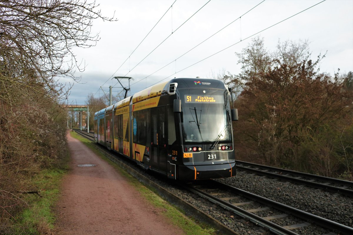 Mainzer Mobilität Stadler Variobahn 231 am 23.01.21 als Linie 51