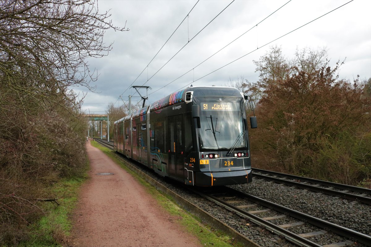 Mainzer Mobilität Stadler Variobahn 234 am 23.01.21 als Linie 51