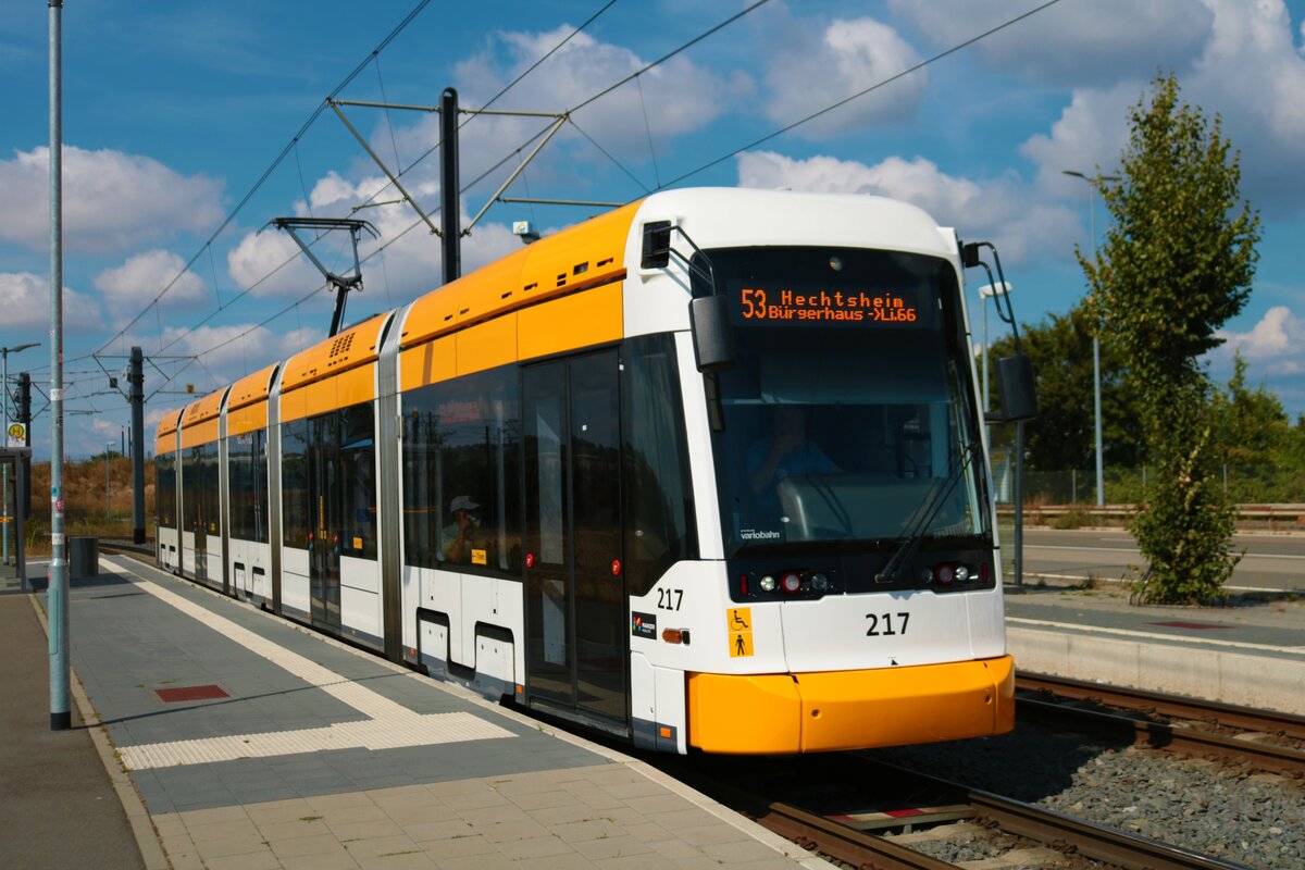 Mainzer Mobilität Stadler Variobahn Wagen 217 am 16.08.22 in Mainz