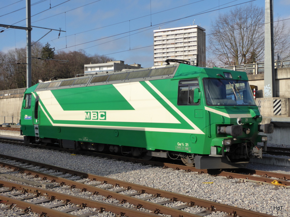 MBC (BAM) - Lok Ge 4/4 21 abgestellt im Bahnhofsareal in Morges am 16.02.2016