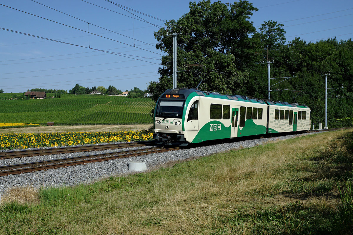 MBC/BAM: Zug 156 unterhalb Vufflens-le-Château auf der Fahrt nach Morges am 19. Juli 2017.
Foto: Walter Ruetsch