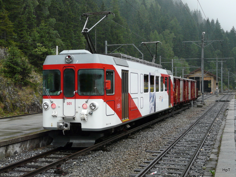 MC / tmr 1000 mm - Gterfoto-Extrazug mit dem Triebwagen BDeh 4/4 501 und den Gterwagen Gk 111 und Gk 116 und Gk 112 und Ek 153 im Bahnhof Le Chatelard am 24.08.2013