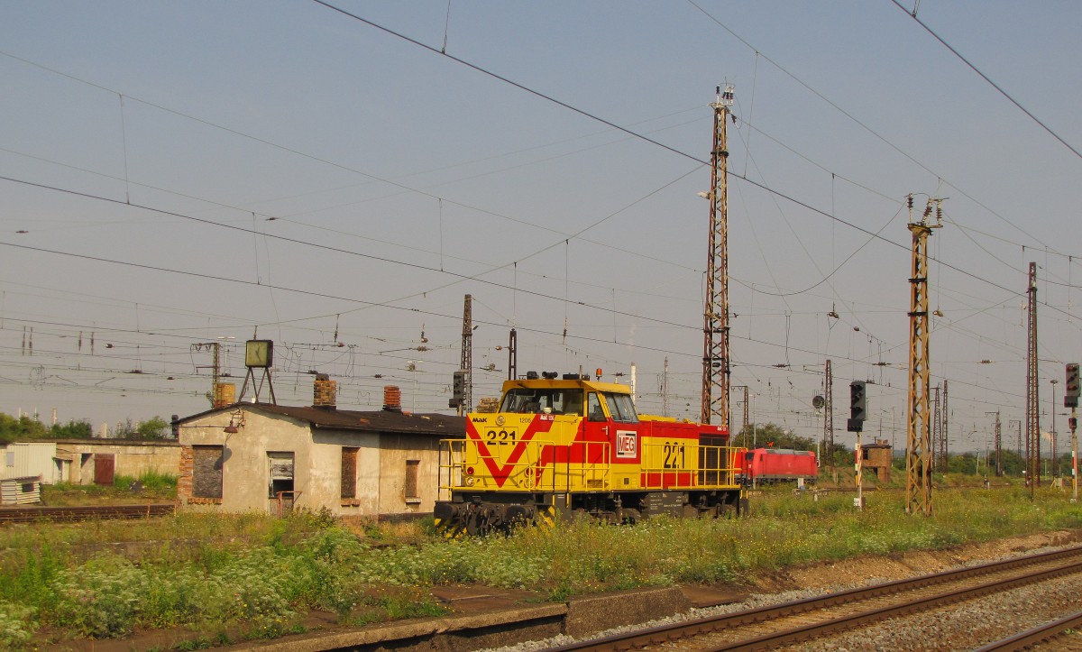 MEG 221 (92 80 1275 221-0 D-MEG) am 22.08.2013 in Grokorbetha. Sie kam Lz aus Richtung Merseburg und fuhr nach dem Richtungswechsel wieder Richtung Leipzig aus dem Bahnhof.