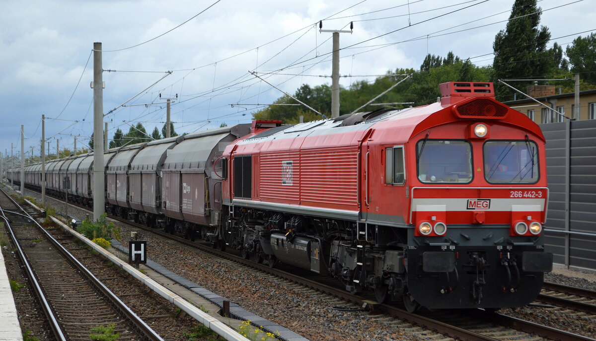 MEG  266 442-3  (NVR:  92 80 1 266 442-3 D-MEG ) mit einem Ganzzug tschechischer Schüttgutwagen mit Schwenkdach, ich denke mal auch für Zement (da grau bestäubt/verschmutzt) am 13.09.21 Berlin Blankenburg.
