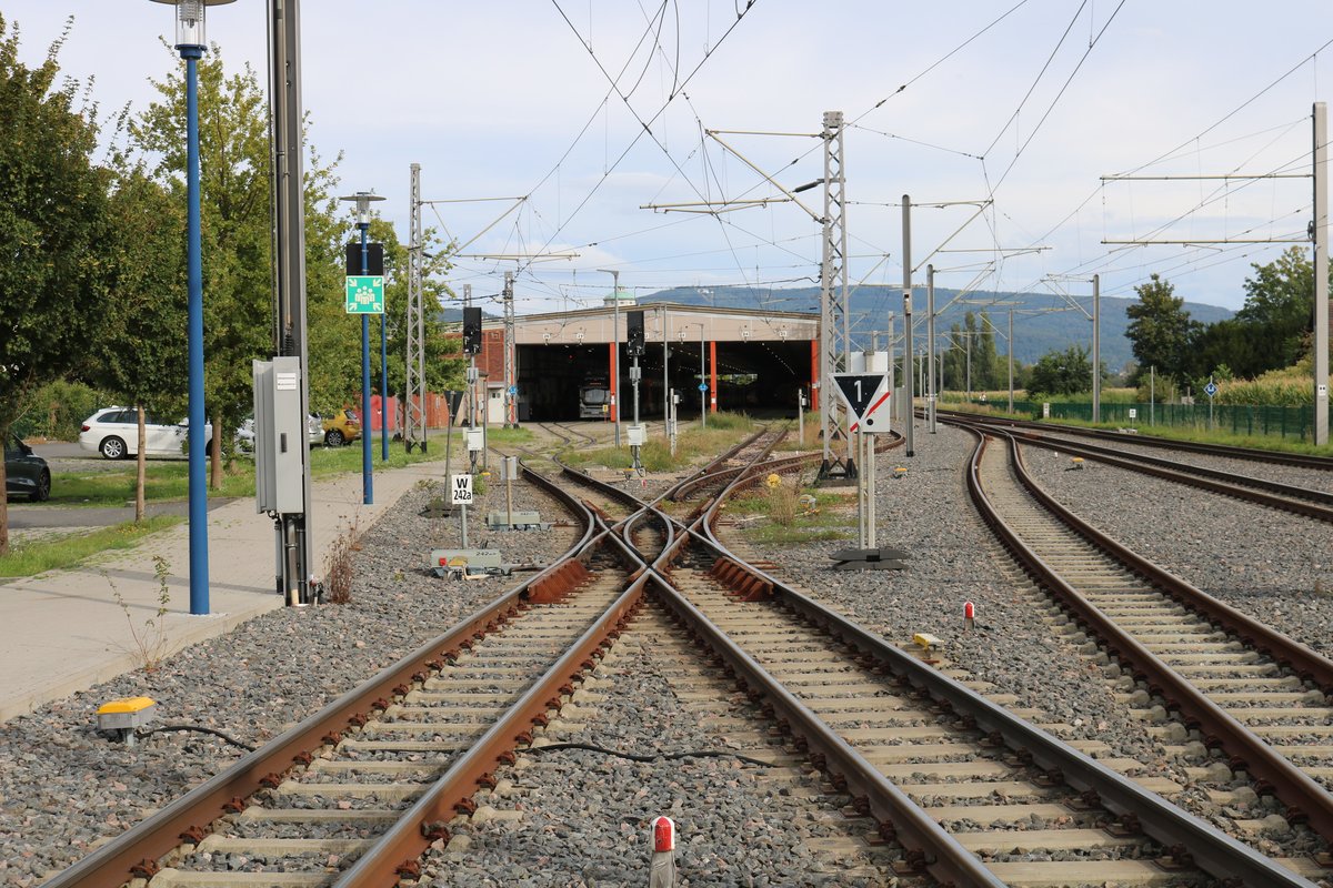 Meterspur Doppelkreuzungsweiche am 29.08.20 in Edingen OEG Bahnhof vom Bahnsteig aus fotografiert