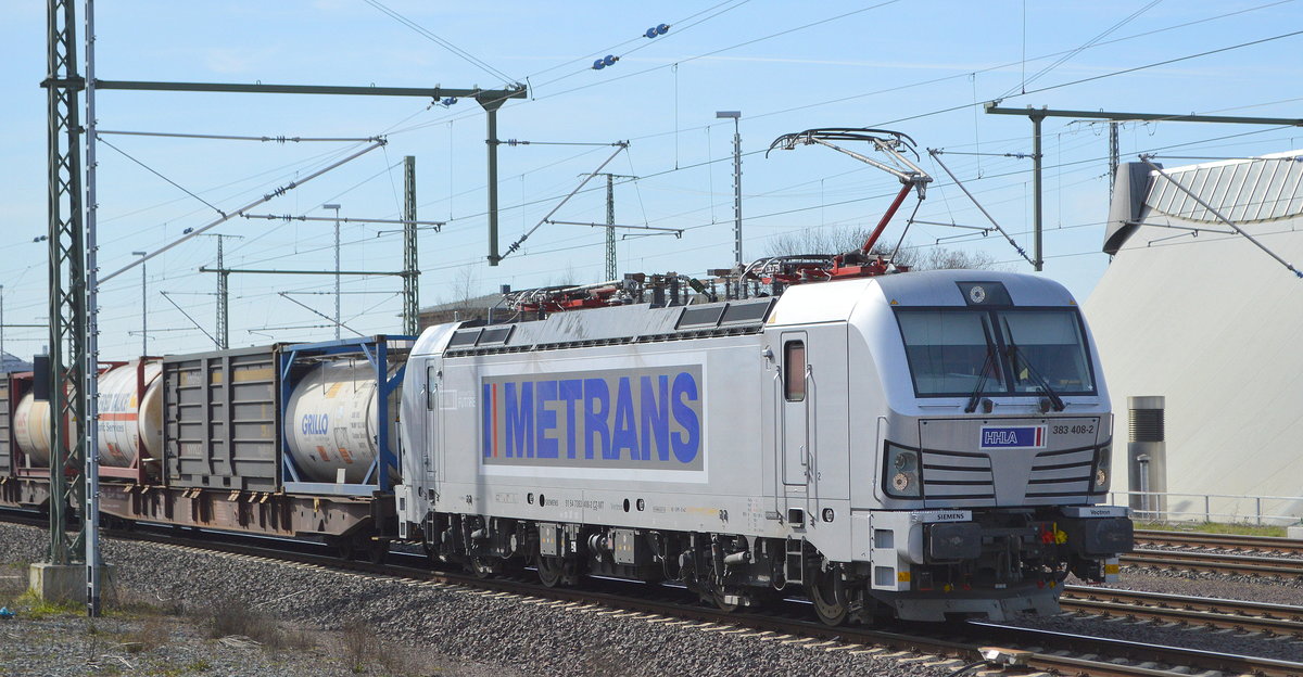METRANS a.s., Praha [CZ] mit  383 408-2  [NVR-Nummer: 91 54 7383 408-2 CZ-MT] und Containerzug am 18.03.20 Vorbeifahrt Magdeburg Hbf.