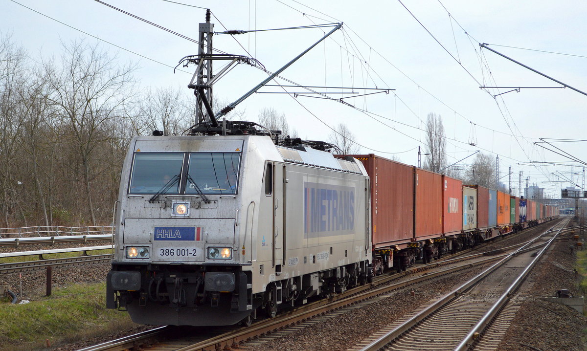 METRANS Rail s.r.o. mit  386 001-2  [NVR-Number: 91 54 7386 001-2 CZ-MT] und Containerzug am 07.03.19 aus Richtung Polen nach Hamburg Durchfahrt Bf. Berlin-Hohenschönhausen.