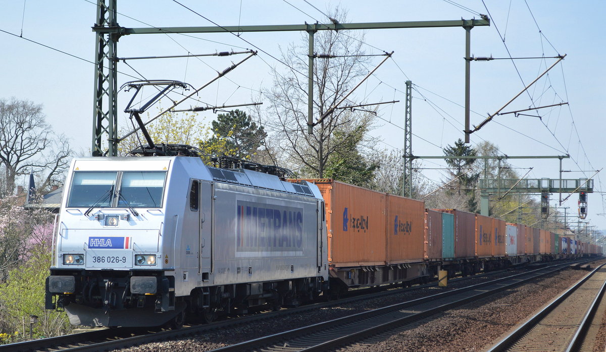 METRANS Rail s.r.o. mit  386 026-9  [NVR-Number: 91 54 7386 026-9 CZ-MT] und Containerzug Richtung Tschechien am 02.04.19 Dresden-Strehlen.