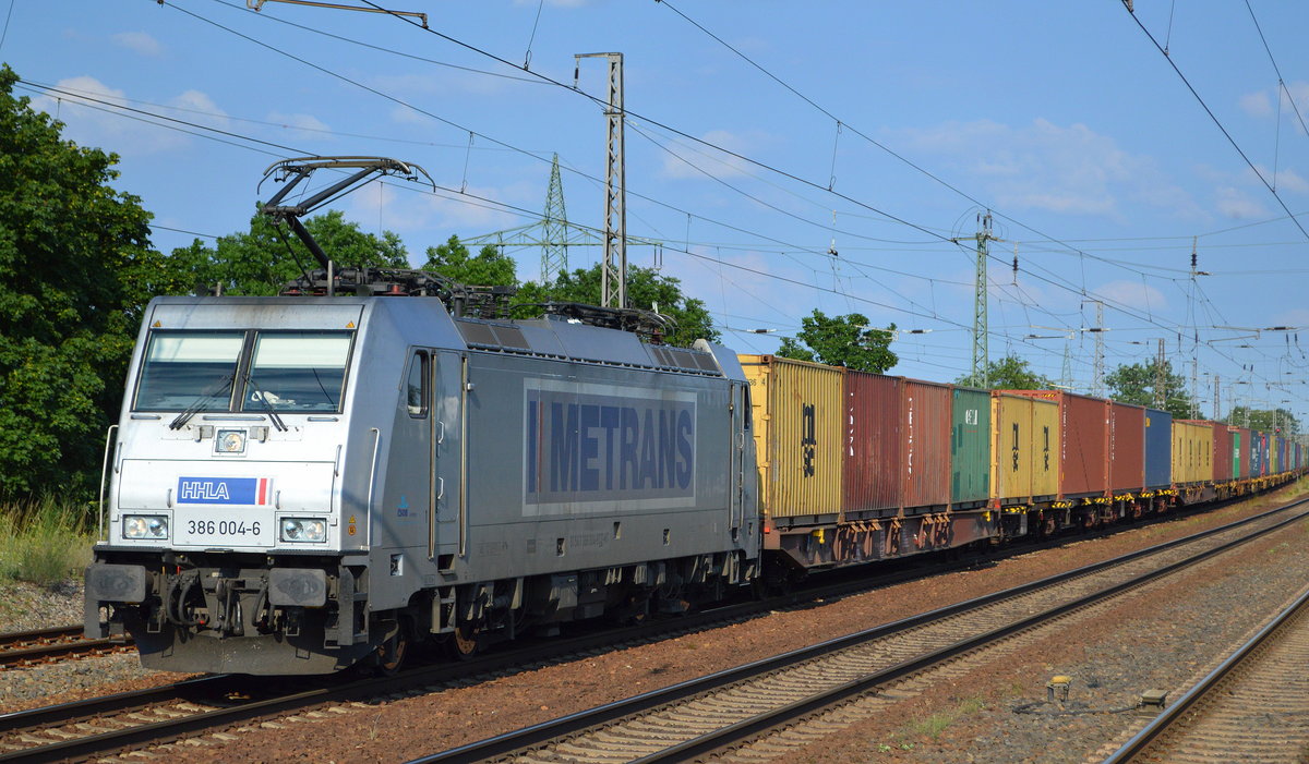 METRANS Rail s.r.o. mit  386 004-6  [NVR-Nummer: 91 54 7386 004-6 CZ-MT] und Containerzug am 22.06.19 Bahnhof Saarmund.