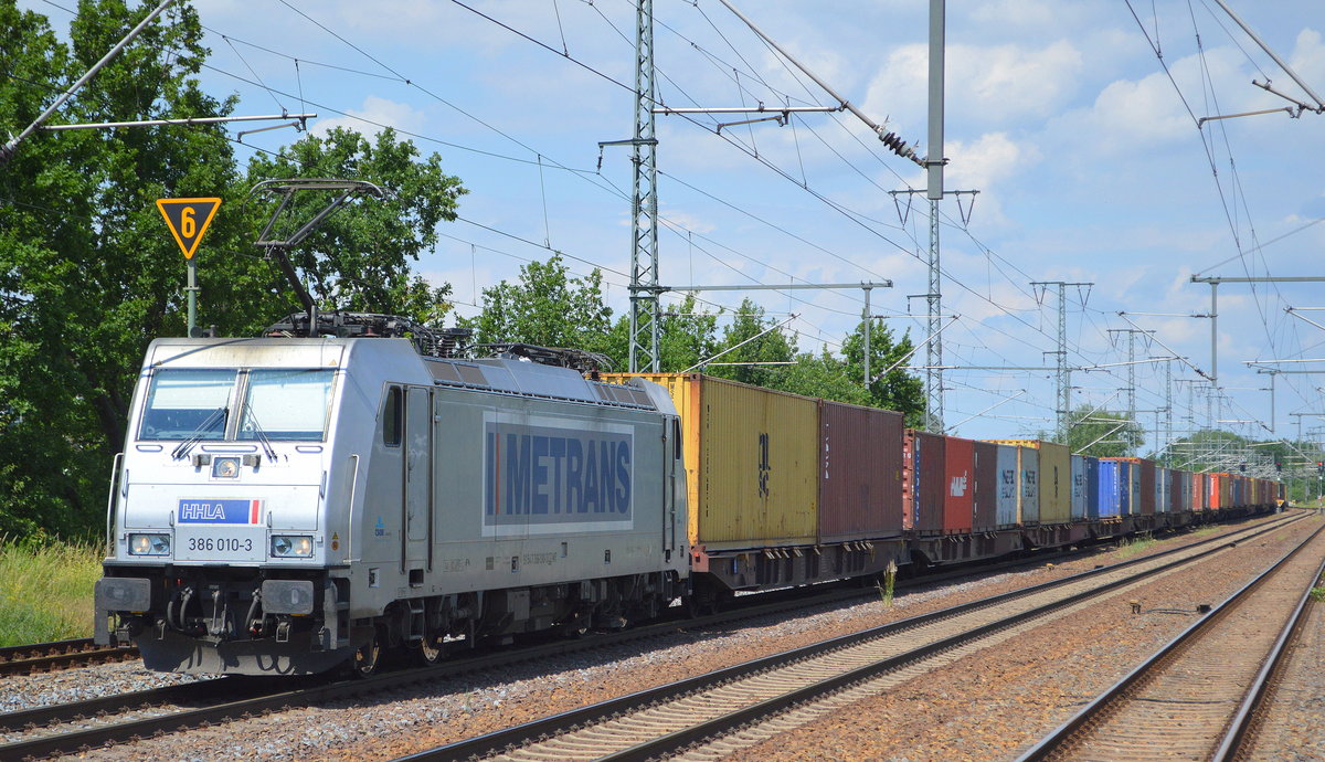 METRANS Rail s.r.o. mit  386 010-3  [NVR-Nummer: 91 54 7386 010-3 CZ-MT] und Containerzug am 21.06.19 Bahnhof Golm bei Potsdam.