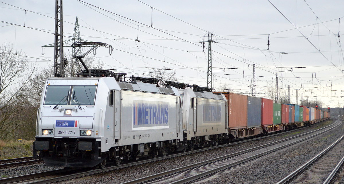 METRANS Rail s.r.o., Praha [CZ] mit  386 027-7  [NVR-Number: 91 54 7386 027-7 CZ-MT] und   386 008-7  [NVR-Nummer: 91 54 7386 008-7 CZ-MT] + Containerzug am Haken am 25.02.20 Durchfahrt Bf. Saarmund.