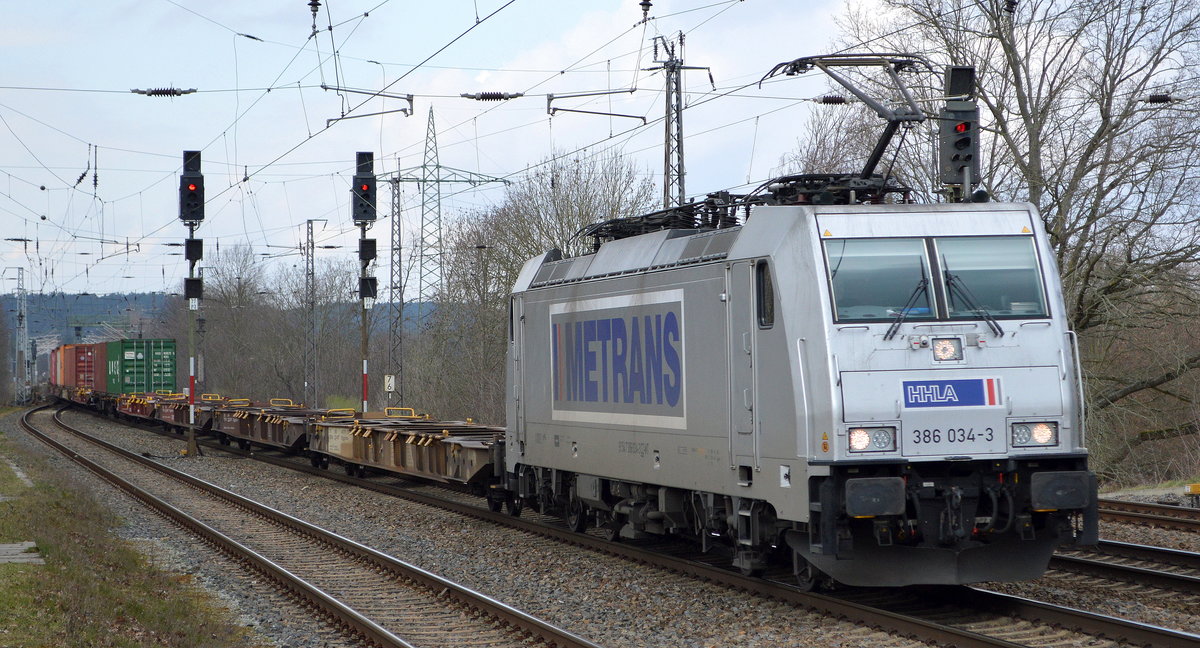 METRANS Rail s.r.o., Praha [CZ] mit  386 034-3  [NVR-Number: 91 54 7386 034-3 CZ-MT] und Containerzug am 04.03.20 Bf. Saarmund.